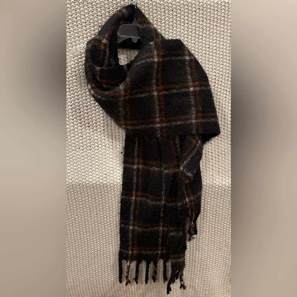 A New Day Cold Weather Plaid Scarf w/Fringe, 100% Polyester, Approx 13” x 90”